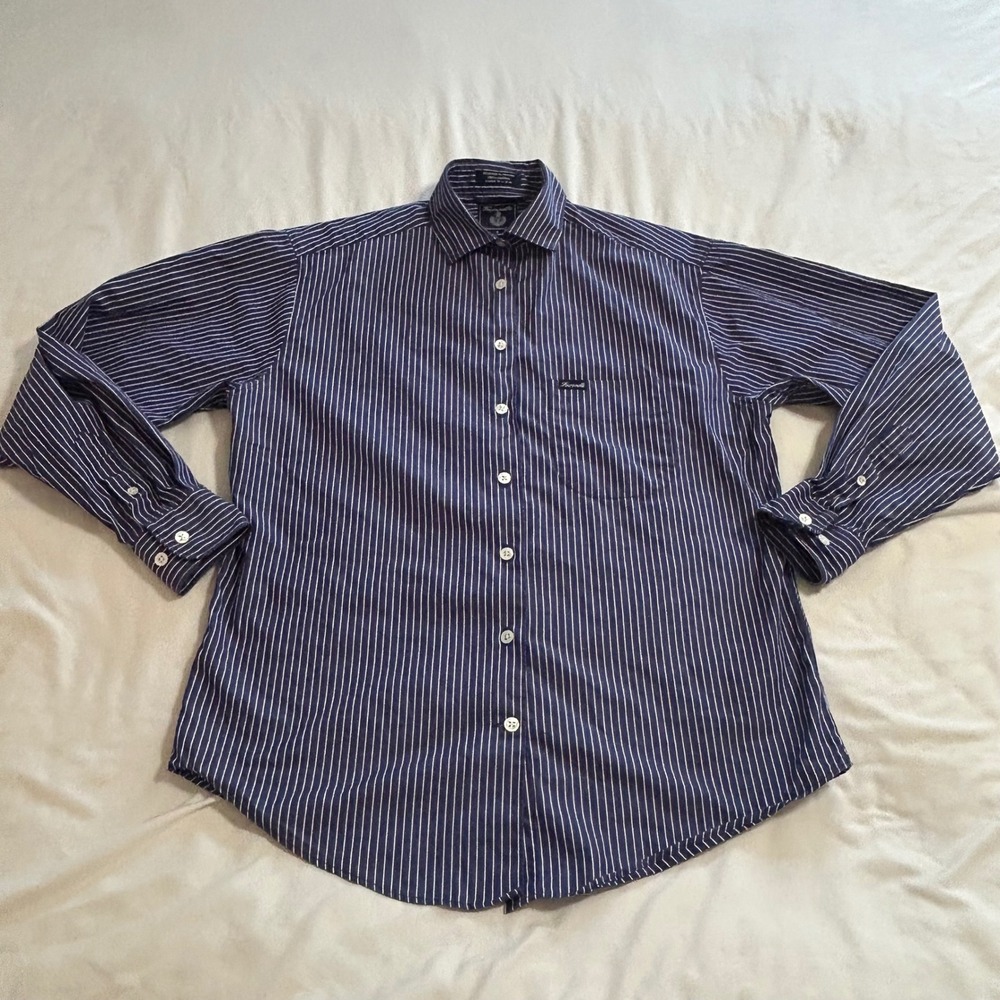 Faconnable Mens Small Navy Blue Pinstripe Button Down Shirt Cotton Made in USA